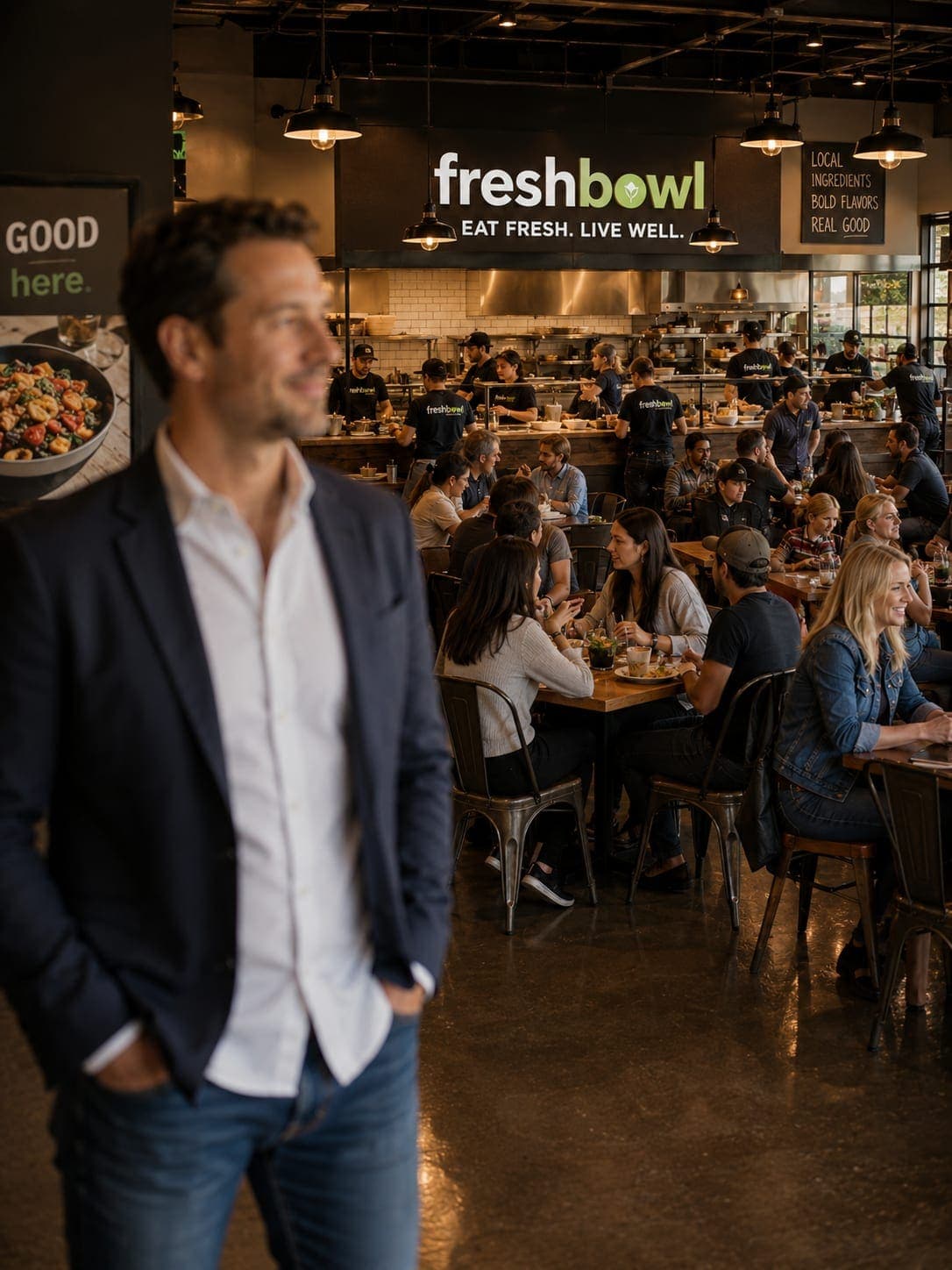 A restaurant owner confidently overseeing a thriving operation