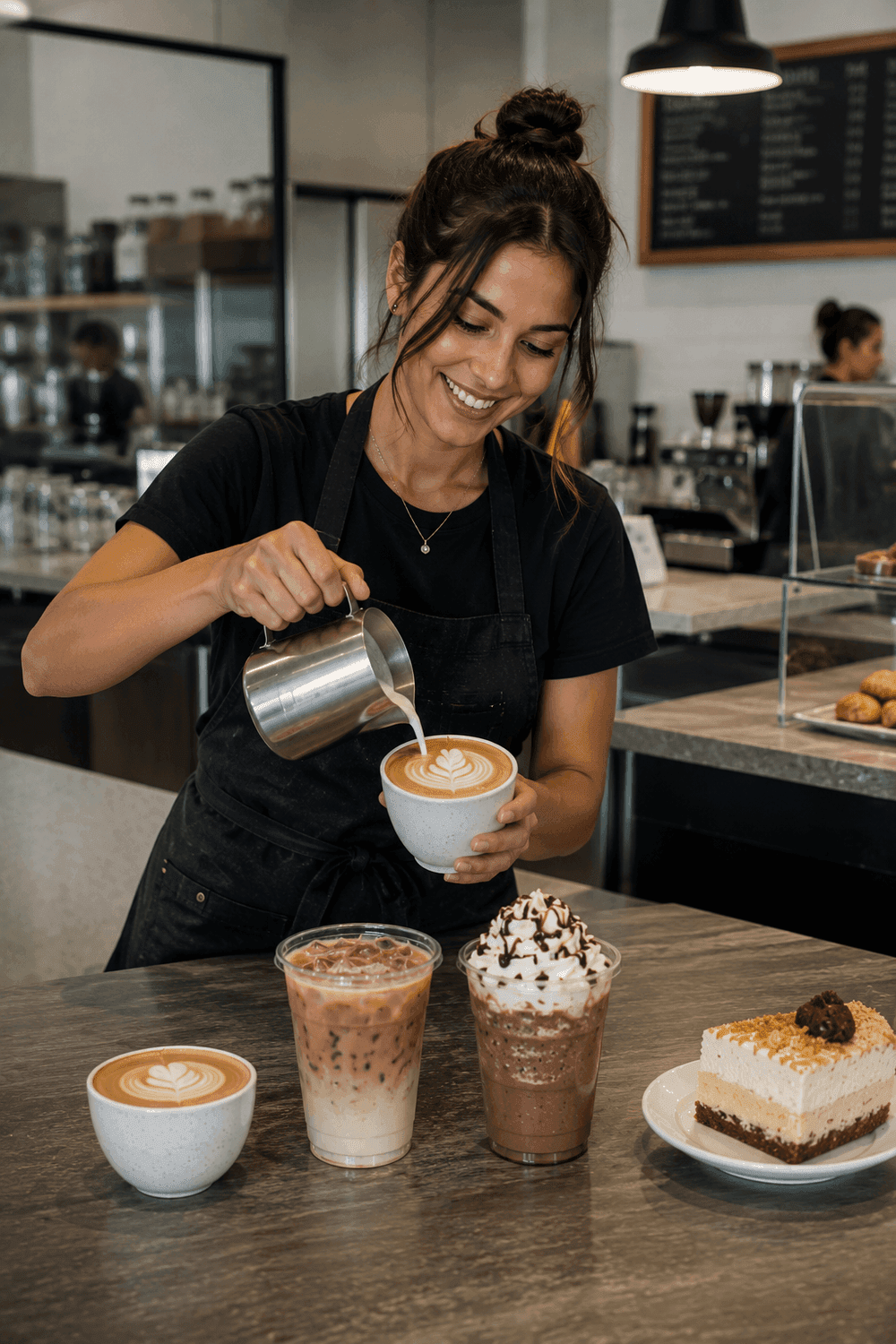 A café bar with coffee, specialty drinks, and pastries